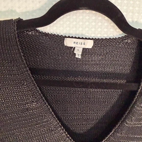 REISS Black V-Neck Knit Sweater w/ Contrast Stripe Sleeves | Size L | - Picture 7 of 8